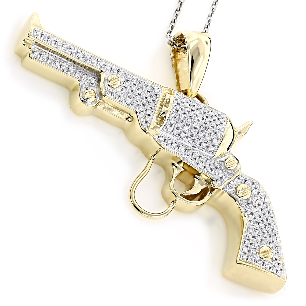 10K Gold Diamond Revolver Pistol Pendant 1ct