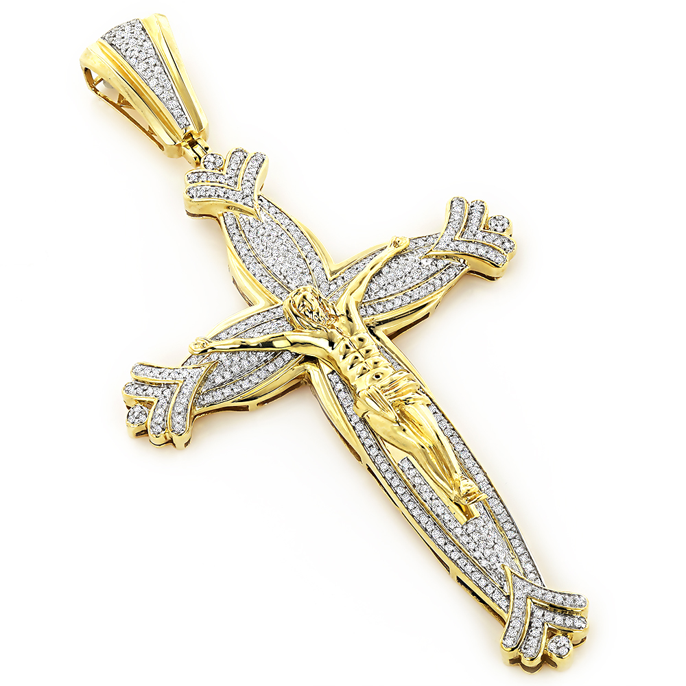 Jesus Cross Mens Diamond Pendant 10K Gold 1.66ct