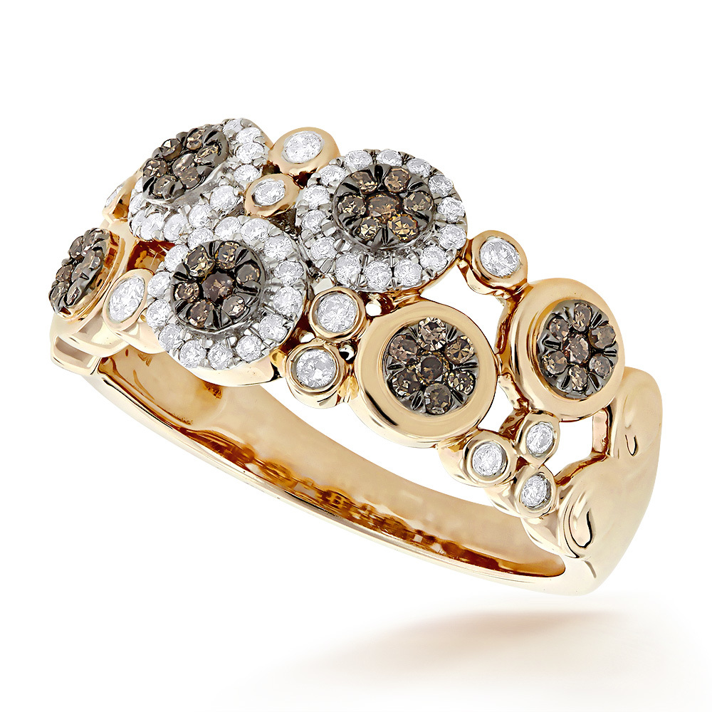 Right Hand Rings Unique Flower Design White & Champagne Diamond Ring 14K