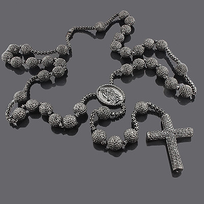 10K Gold Black Diamond Rosary Necklace 115.55ct