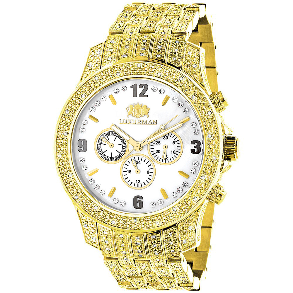 Luxurman Watches Mens Real Diamond Watch 1.25ct Yellow Gold Plated